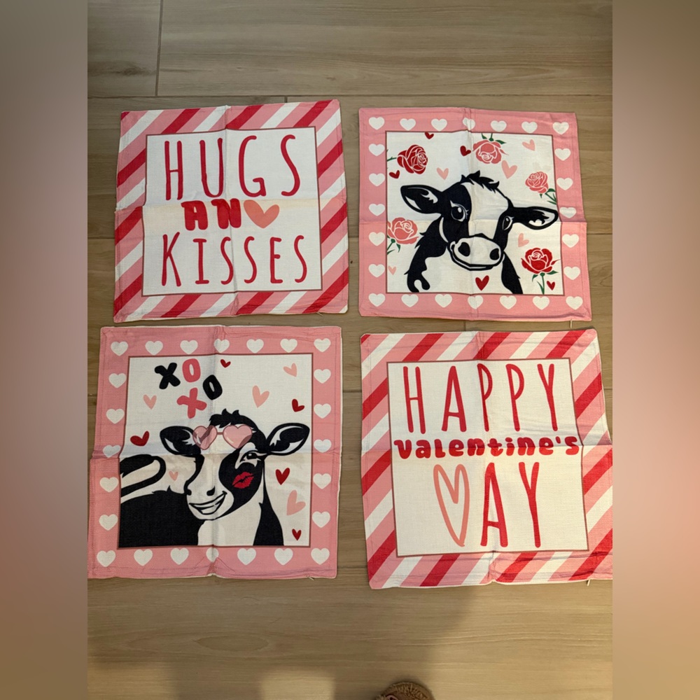 NEW Valentines Day Throw Pillow Covers 18x18” Set of 4 Pink Love Hearts Cows